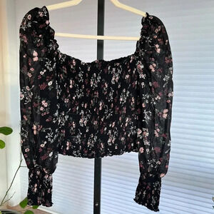 Reformation Pinto Floral Smocked Long Sleeve Blouse Black Small Contemporary